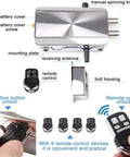 Heavy Duty Slick Remote Control Electronic Smart Door Lock With Auto Lock Keyless Deadbolt Four Solid Wireless Remotes and Foolproof Home Security components including remotes and bolt housing.