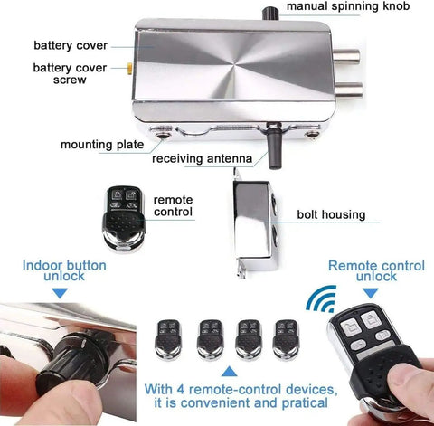 Heavy Duty Slick Remote Control Electronic Smart Door Lock With Auto Lock Keyless Deadbolt Four Solid Wireless Remotes and Foolproof Home Security components including remotes and bolt housing.