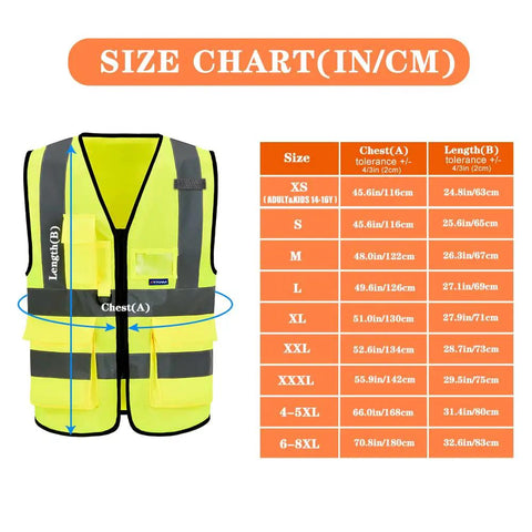 Five Pack Hi Vis Construction Vests Size XXL With 7 Pockets And 360 Degree Reflective Strips Lightweight 100 Percent Polyester Neon Safety Gear For Outdoor Work next to size chart