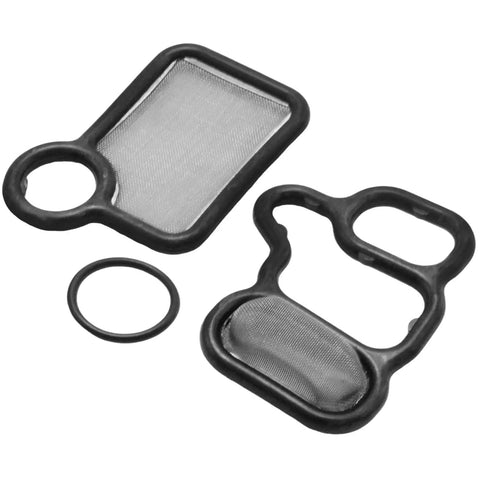 VVT VTEC Solenoid Gasket Spool Valve Filter Kit Replacement For Honda Accord CRV Civic TSX RSX RDX Element Fit 2002 2015 Replaces 15815 RAA A01 And 15845 RAA A0 showing filter assembly and gaskets.