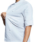 Men Half Sleeve Chef Coat In Soft Black Lightweight Stretch Jacket Breathable Kitchen Uniform featuring clever sleeve pocket detail.