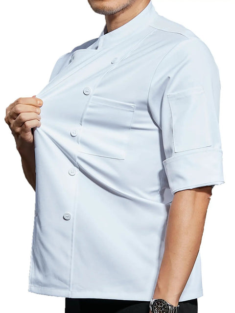 Men Half Sleeve Chef Coat In Soft Black Lightweight Stretch Jacket Breathable Kitchen Uniform featuring clever sleeve pocket detail.