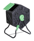 Compost Tumbler Bin With Sliding Doors, 18.5 Gallon Rotating Chamber, portable outdoor garden compost bin, black with green sliding door.