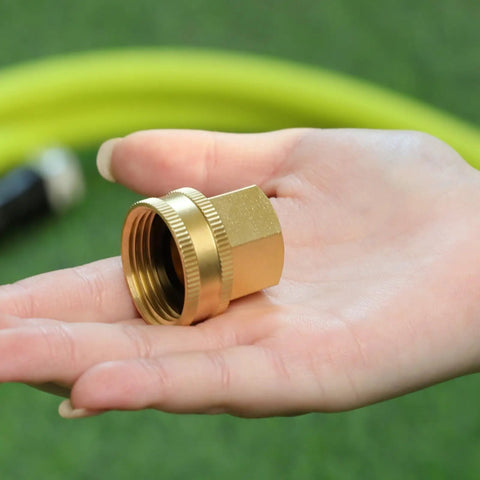 Solid Brass Garden Hose Adapter Set With Quick Swivel Double Female Fittings Three Quarter Inch GHT To One Half Inch NPT Female Leakproof Easy Hand Tighten Install Outdoor Watering shown in hand