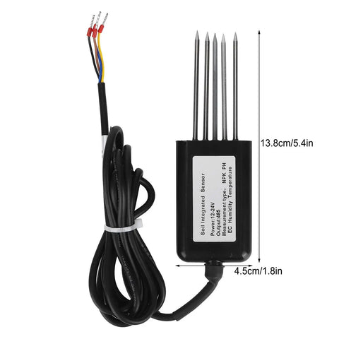 7 In 1 Soil Tester With 5 Pin PH NPK Temperature Humidity EC Sensor with cable, dimensions labeled, black casing.