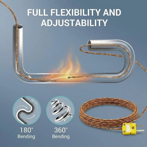 K Type Thermocouple Probe With 2 Pin Flat Mini Connector And 78 Inch Fiberglass Insulated Lead Ready To Roll Temperature Sensor For -58F To 752F Range Compatible With Most K Type Thermometers Controllers And Data Loggers, flexible lead shown