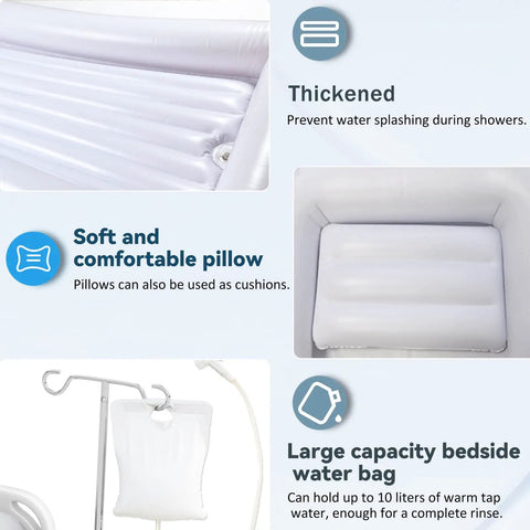 Heavy Duty Inflatable Bedside Shower Bath Kit Made From Medical Grade PVC with thickened edges and soft pillow detail.