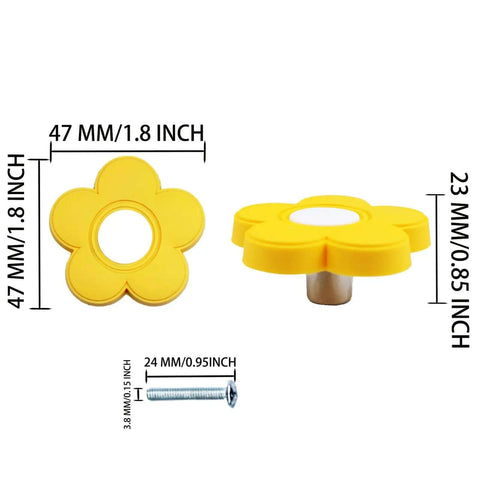 Yellow Flower Cabinet Knobs With Drawer Pulls For Closets Or Kids Rooms Super Smooth Soft Rubber Grip Over Solid Zinc Alloy Base 6 Piece Kit With Hassle Free Mounting Screws For A Quick Home Refresh - detailed view showing dimensions.