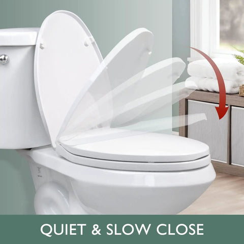 Elongated Toilet Seat With Slow Close Hinges And Four Non-Slip Bumpers, Easy To Install And Clean, Durable White Plastic, Fits Most Toilets