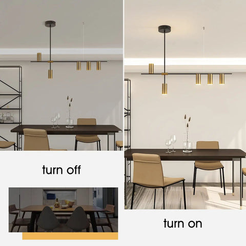 Modern Kitchen Island Light With Remote Dimmable LED Linear Pendant Light 39.3 Inch Black And Gold over dining table, off and on