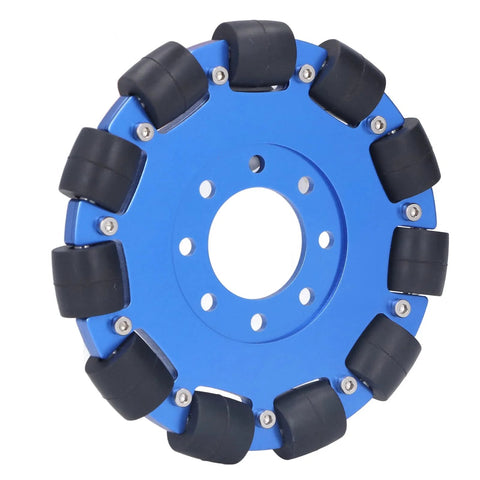 5 inch omnidirectional wheel for robots with aluminum hub and silicone rollers for smooth mobile robot movement, 30 kg load capacity.