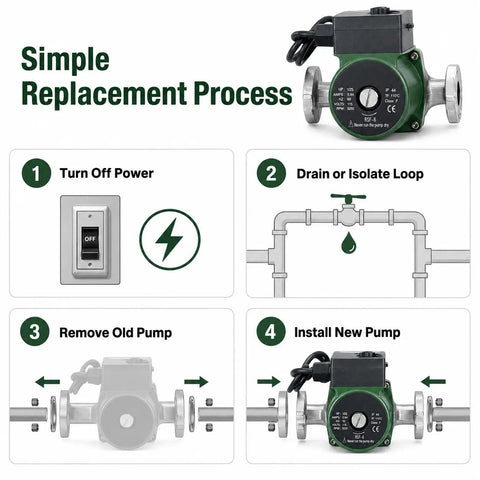 Badgeass Heavy Duty Hot Water Circulator Pump Compatible With 008 Sf6 Models For Hydronic Heating Systems, installation steps diagram.