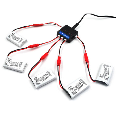 10-Pack 3.7V 800mAh Lithium Battery With Beefed-Up 5-In-1 Charger connected to batteries for drones