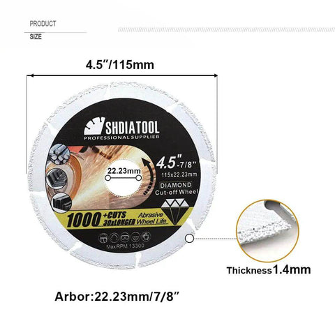 Diamond Cut Off Wheel For Metal Cutting Four And One Half Inch With Seven Eighths Inch Arbor One Point Four Millimeter Kerf details
