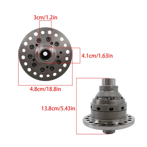 Top and side view of Beefed Up Helical Gear Limited Slip Differential Replacement, showing dimensions 3cm, 4.1cm, 4.8cm, 13.8cm