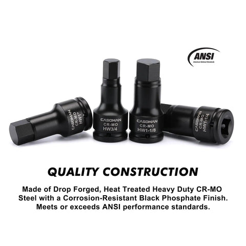 Three Quarter Inch Drive Impact Hex Bit Set Five Piece SAE Kit Built Tough For Maximum Torque with CR MO finish