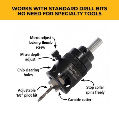 Flush Mount Drill Bit System With Micro Adjust Locking Thumb Screw Nine Sixteenth Inch Carbide Cutter Micro Depth Adjust One Eighth Inch Pilot Bit Stop Collar Spins Freely Includes PowerHead Screws For Slick Cabinet And Furniture Installations