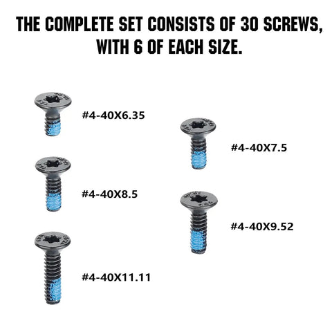 Badass 30 Piece Red Dot Sight Screw Kit Featuring Five Precision Metric Thread Lengths For Totally Smooth Optic Mounting and Zero Sweat Scope Installations For Your Rifle Build, showing various screw sizes.