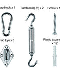 Heavy Duty Triangle Shade Sail Hardware Kit In Stainless Steel For Easy Deck Garden Patio Installation With 8 Inch Turnbuckles And Pad Eyes Durable Sun Shade Accessories includes 8-inch turnbuckle, pad eye, snap hook, screws, and spacers.
