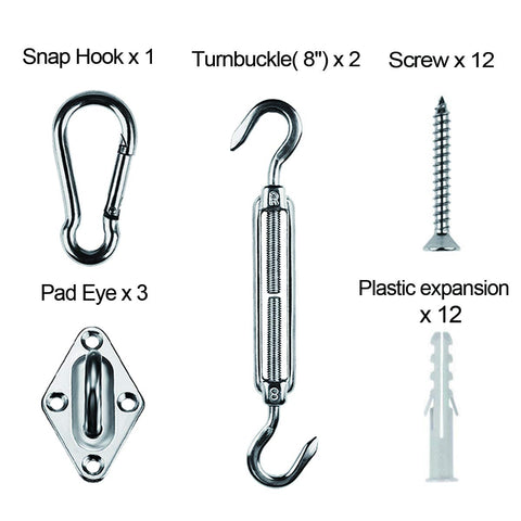 Heavy Duty Triangle Shade Sail Hardware Kit In Stainless Steel For Easy Deck Garden Patio Installation With 8 Inch Turnbuckles And Pad Eyes Durable Sun Shade Accessories includes 8-inch turnbuckle, pad eye, snap hook, screws, and spacers.