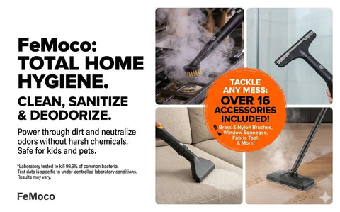 Pro Two In One Steam Cleaner Mop With Large Tank For Sixty Min Run And Fifteen Sec Warm Up Smooth Operator cleaning various surfaces with included accessories.