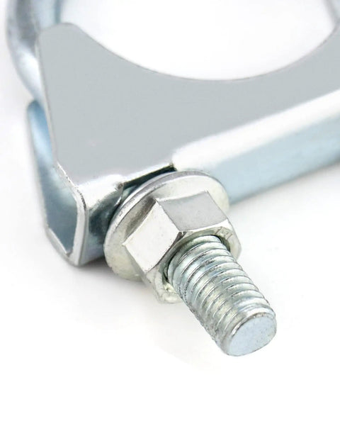 Close-up of 2 Pack U-Bolt Muffler Tip Exhaust Hook Clips For 1-1/2 Inch Exhaust Pipe, showing galvanized carbon steel bolt.