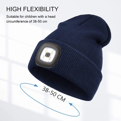 Hands Free LED Beanie With USB Rechargeable Headlamp For Kids Unisex Winter Knit Cap Lighted Hat Navy Blue