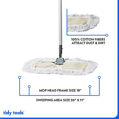 18 Inch Commercial Dust Mop With Extendable Handle And Reusable Cotton Mop Head For Dry Floor Cleaning On Hardwood Floors, Ideal For Offices, Classrooms And Janitorial Jobs