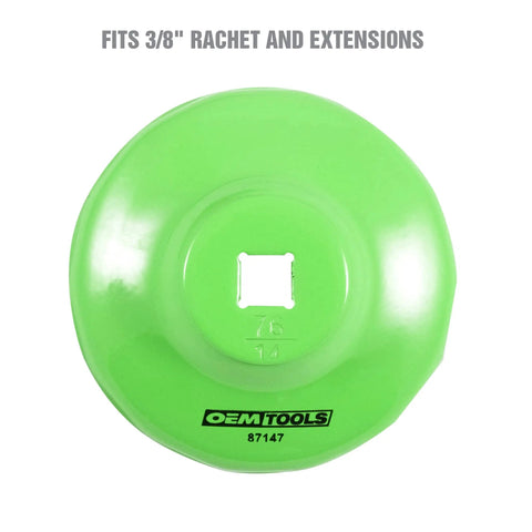 76 Millimeter 14 Flute Oil Filter Wrench for Easy Oil Changes Reinforced Three Eighths Inch Drive Green Color