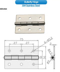 Heavy Duty 304 Stainless Steel Folding Hinges For Cabinet Doors 180 Degree Wide Swing with dimensions and detailed drawing.