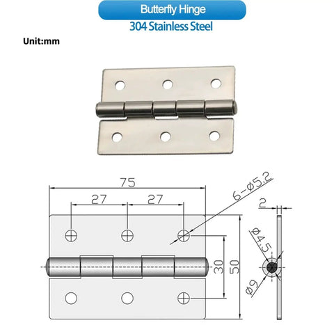 Heavy Duty 304 Stainless Steel Folding Hinges For Cabinet Doors 180 Degree Wide Swing with dimensions and detailed drawing.