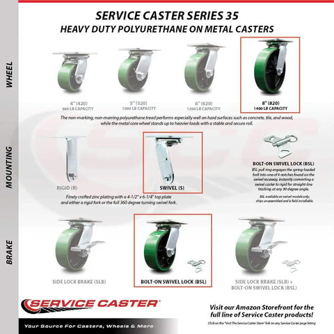 Heavy Duty Large Top Plate Polyurethane On Cast Iron Swivel Caster With 8 Inch Green Wheel And Secured Bolt Lock Bearing 1250 Lbs Capacity diagrams.