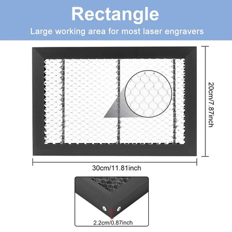 Front view of BENECREAT honeycomb laser engraving worktable, iron frame with hexagonal grid, 11.8x7.8x0.8 in.