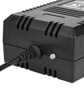 Close-up of black 36V Battery Charger with Automatic Battery Tracking and Auto Shutoff, Fast Charging, PWM Tech for scooters and bikes.