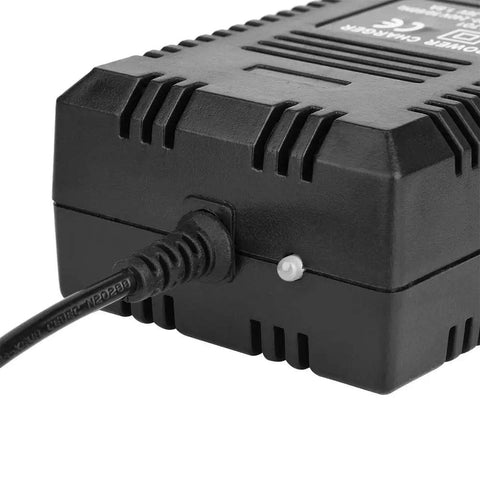 Close-up of black 36V Battery Charger with Automatic Battery Tracking and Auto Shutoff, Fast Charging, PWM Tech for scooters and bikes.
