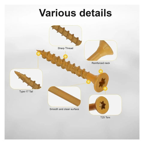 Yellow Wood Screws Set 300 Pieces Pro Grade Self Tapping Fasteners For Wood To Wood Joinery With Dual End Locking Design features detail