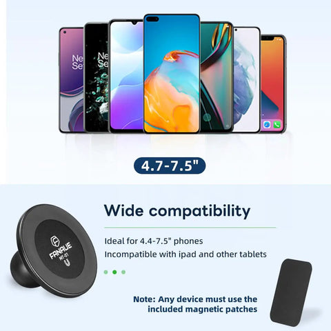 Magnetic Car Phone Holder Base With 1 Inch Ball Head For RAM B Size Mounts, shown with compatible smartphones 4.7 to 7.5 inches