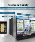 Rock Solid 70 Cu Ft Commercial Glass Door Freezer with low-e triple glazing and prepainted aluminum interior.