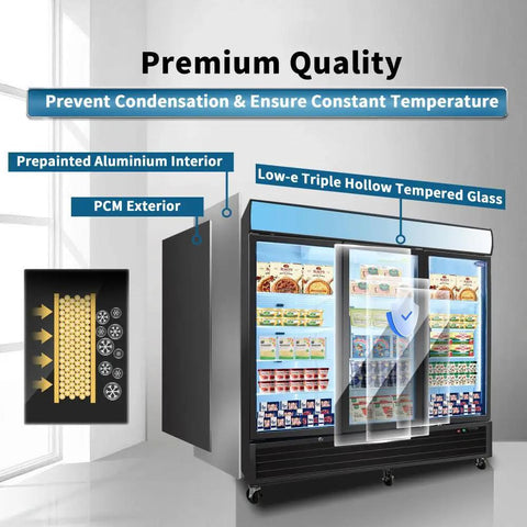 Rock Solid 70 Cu Ft Commercial Glass Door Freezer with low-e triple glazing and prepainted aluminum interior.