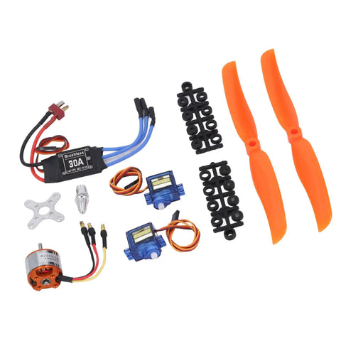 A2212 1400KV Brushless RC Plane Motor Kit with 30A ESC and SG90 Servos shown with two orange propellers