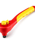 Heavy Duty 3/8 Inch Drive VDE Insulated Ratchet Wrench With 72 Tooth Gears For High Voltage Electrical And Hybrid Car Jobs Built Tough As Nails Using Chrome Vanadium Steel, featuring ergonomic red and yellow handle.