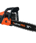 Pro Grade 62cc Gas Chainsaw 20 Inch With 2 Cycle Engine Anti Vibration Quick Start, black and orange, side view.