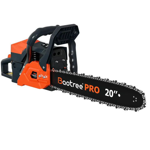 Pro Grade 62cc Gas Chainsaw 20 Inch With 2 Cycle Engine Anti Vibration Quick Start, black and orange, side view.