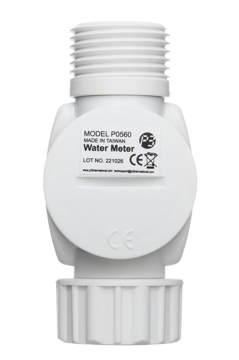 Reversed Display Water Flow Meter For Garden Hose See Gallons In Real Time Easy To Attach Tracks Single Use And Total Water Use Great For Campers Boats And Outdoor Water Conservation white plastic hose meter front view