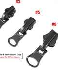Zipper Repair Kit Six Piece Set With Three Slider Sizes 3 5 And 8 And Double Sided Sliders For Quick No Sew Fix On Jackets Luggage And Backpacks For DIY Home And Outdoor Use showing three black sliders labeled #3, #5, and #8 for metal and resin zippers.