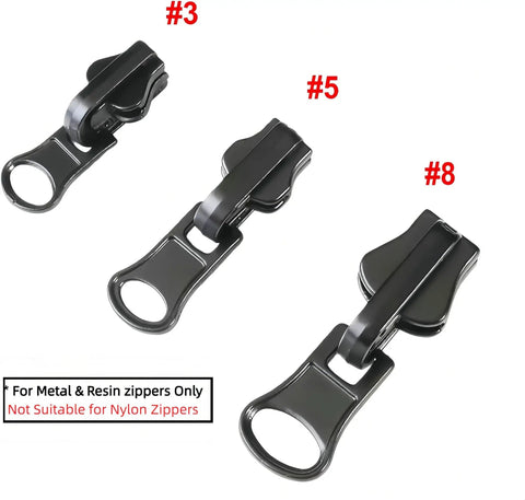 Zipper Repair Kit Six Piece Set With Three Slider Sizes 3 5 And 8 And Double Sided Sliders For Quick No Sew Fix On Jackets Luggage And Backpacks For DIY Home And Outdoor Use showing three black sliders labeled #3, #5, and #8 for metal and resin zippers.