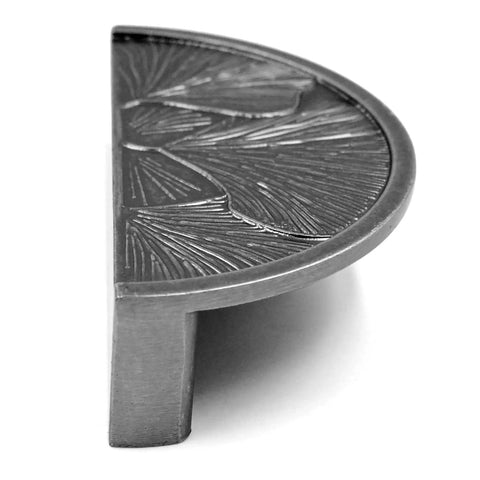 Ginkgo Leaf Cabinet Pulls With Antique Gray Finish 3 Inch Hole Spacing Rustic Kitchen Drawer Handles Four Pack side view