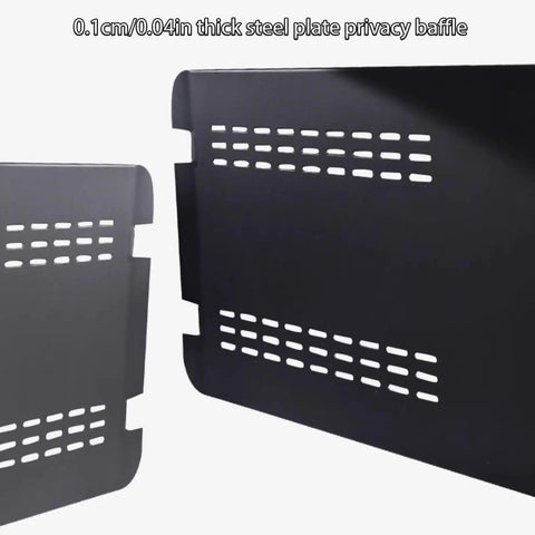 No Fuss Slick Heavy Duty Foldable Mobile Training Table With Secure Lock Swivel Rollers And Tall Privacy Screen Built In Storage Shelf For Chill Home Setup, steel privacy baffle with perforations.