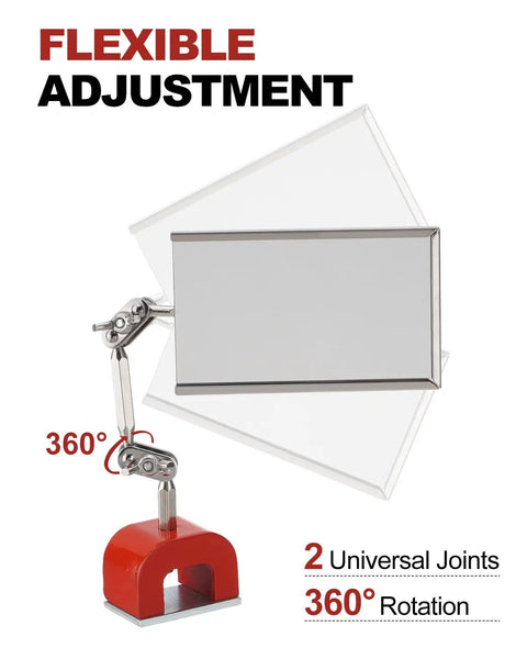 Inspection Welding Mirror With Magnetic Base And Adjustable Arm For Auto Mechanics Machinists Technicians And Craftsmen Hands Free Precision For Tight Spots In Confined Spaces showing 360° rotation capability.