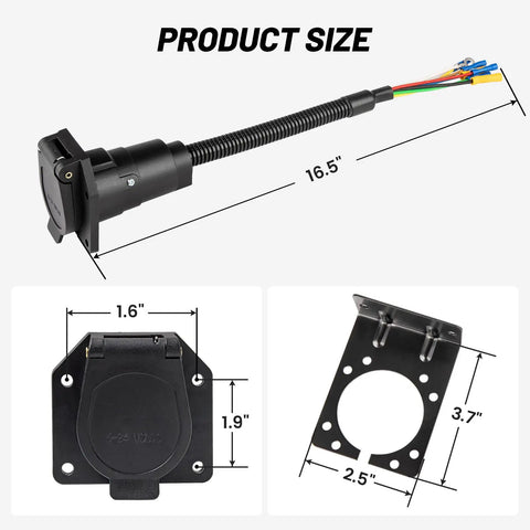 7 Way RV Trailer Light Connector Socket 7 Pin Wiring Harness With Mounting Bracket dimensions and components